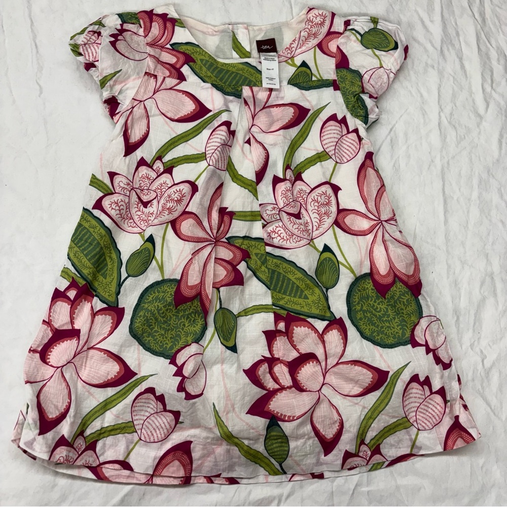 Tea Collection Pink Green Floral Botanical Hi-Low Dress Size‎ 4T VGUC Lined